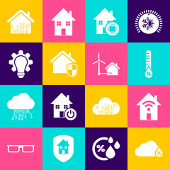 Set Humidity, Smart home with wi-fi, House under protection, Light bulb and gear, and wind turbine icon. Vector