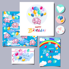 Fototapeta na wymiar happy birthday cards for kids with elephant flying on balloons