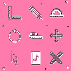 Set Folding ruler, Pencil, Protractor grid, Refresh, Tape measure, Pixel arrows four directions, cursor and Audio book icon. Vector