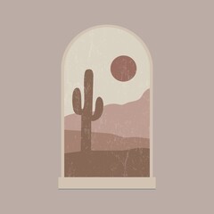 Window with Desert Landscape. Abstract Card Boho Style with Cactus in Desert. Travel Poster Template, Vector Illustration.
