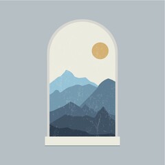 Window with Mountains Boho Print with Sun and Texture. Mountain Landscape Boho Style for Trendy Contemporary Wall Art, Prints, Social Media, Posters, Invitations, Branding Design. Vector EPS 10