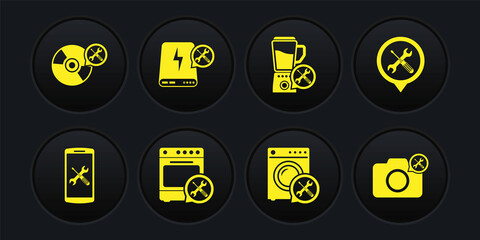 Set Smartphone service, Location, Oven, Washer, Blender, Power bank, Photo camera and CD or DVD disk icon. Vector