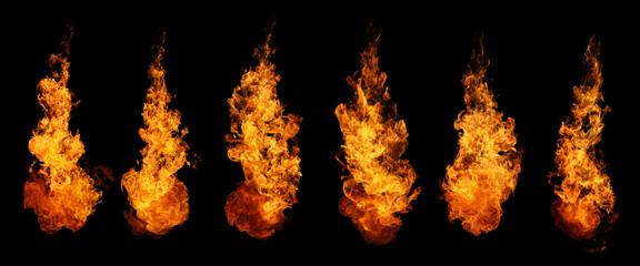 Set of fire and burning flame isolated on dark background for graphic