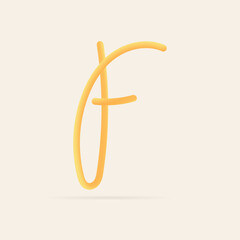 F letter spaghetti design. Vector hand draw realistic food font. Isolated Italian pasta for tasty poster, restaurant identity, gourmet element and more