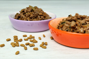 Dry and wet pet food on white table