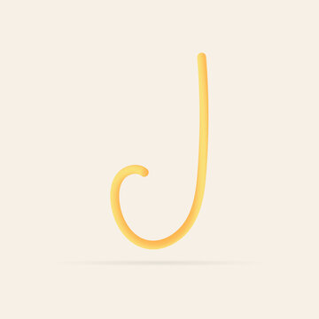 J letter spaghetti design. Vector hand draw realistic food font. Isolated Italian pasta for tasty poster, restaurant identity, gourmet element and more