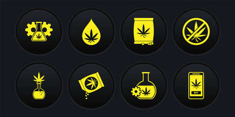 Set Test tube with marijuana, Stop, Marijuana or cannabis seeds, leaf oil, Online buying and icon. Vector