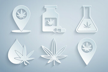Set Marijuana or cannabis leaf, Test tube with marijuana, oil, Location and, Medical bottle and icon. Vector