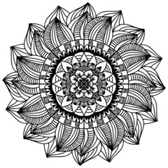 Mandala circular symmetric pattern. Oriental motif. floral decorative round ornament in black outline. Vector illustration isolated on white background. Arabic, Indian print. yoga symbol