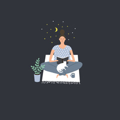 Illustration of a young woman sitting on the floor and reading a book at night.	 - 450956251