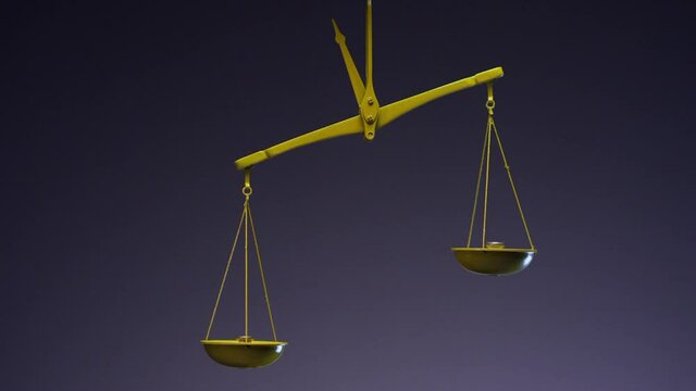 Yellow jewelry retro weigher . The scales are unsteady until they balance . Symbol of justice . Weights on the scales . Studio shot on RED EPIC Cinema Camera with strobe light .