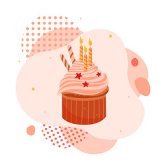 Tasty cupcake, candle, valentine s day liquid bacdge icon on white background. Simple color template of love icons for sticker, postcard or mobile application. Flat cartoon vector illustration