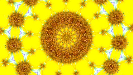 "Vibrant yellow sunflower-inspired design with a kaleidoscope effect."