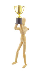 Mannequin holding champion trophy cup isolated on white background.