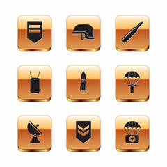 Set Chevron, Radar, Nuclear rocket, Military dog tag, Bullet, Parachute with first aid kit and helmet icon. Vector