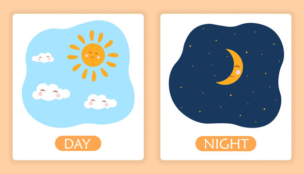Opposite adjective words with day and night on white background. Concept of colorful templates for posters, childish stickers or educational worksheets. Flat cartoon vector illustration - Powered by Adobe