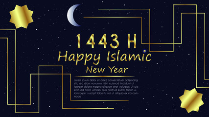 Happy Islamic New Year 1143 H Banner with text area for your needs. Vector Graphic EPS 10. Build with 3 layer Text area, Particle(stars) and Background.