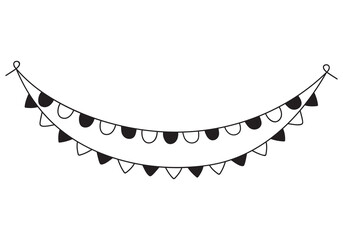 Hand drawn birthday or holiday flags for decoration. Black line doodle paper party garland. Vector illustration of carnival or festival bunting. Kids birthday celebration, clipart design