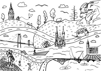 Fototapeta premium vector line illustration of Krasnoyarsk. sightseeings. siberia. 