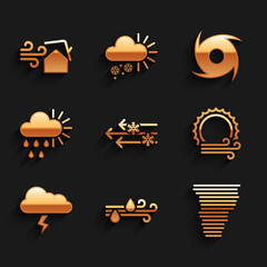 Set Wind and snow, rain, Tornado, sun, Storm, Cloudy with, and swirl icon. Vector