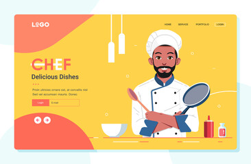 chef illustration for landing page or website banner template, man as a chef pose while holding sauce pan with yellow and orange background