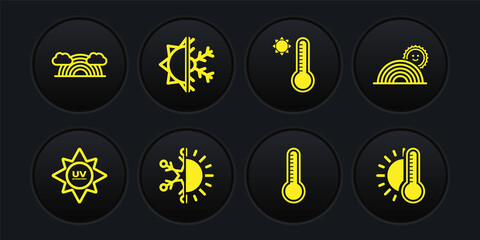 Set UV protection, Rainbow with sun, Sun and snowflake, Meteorology thermometer, Thermometer and clouds icon. Vector