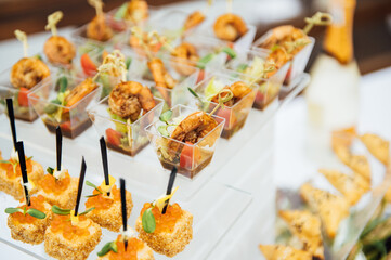 Sandwiches, canapes and cakes on the festive table. A wide variety of snacks