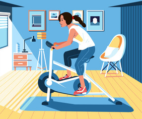 Fototapeta na wymiar young women taking exercise at home using static bike, home interior design illustration as background