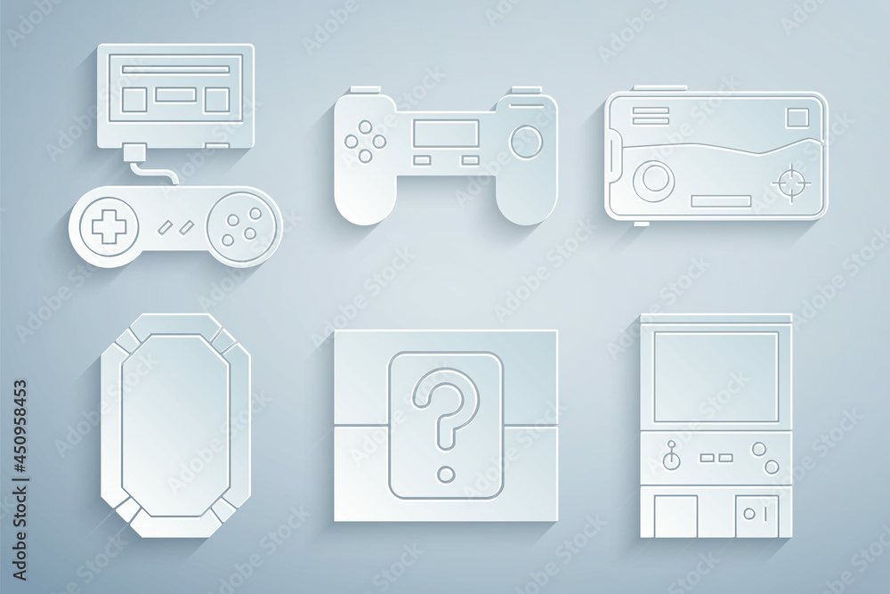 Poster set mystery or random box, mobile playing in game, poker table, retro arcade machine, gamepad and co