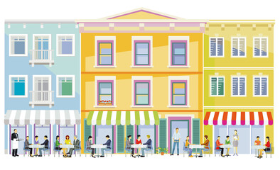 Leben und Freizeit in einer Stadt mit Restaurants und Bistros, illustration