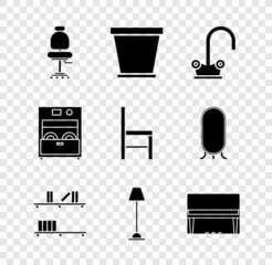 Set Office chair, Flower pot, Water tap, Shelf with books, Floor lamp, Grand piano, Kitchen dishwasher machine and Chair icon. Vector