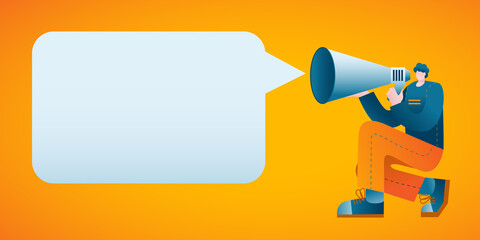 A man in casual clothes with a megaphone. A horizontal banner template in bright colors for your important ad.
