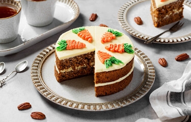 Carrot layered cake with cream cheese frosting decorated with carrots.