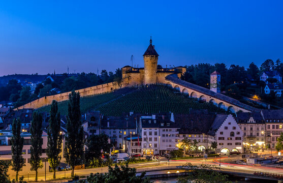 Night scene of the Munot, which is a medieval fort and landmark of Swiss town Schaffhausen, Switzerland