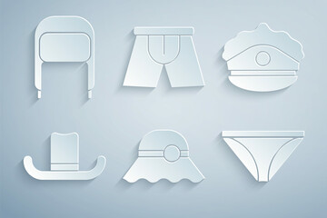 Set Elegant women hat, Police cap with cockade, Man, Men underpants, and Winter ear flaps icon. Vector