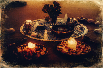 beautiful tibetan bowl and candles, ceremonial space.