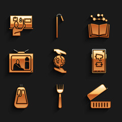 Set Hands holding Earth globe, Disposable plastic fork, Lunch box, Megaphone on mobile, Bottle dishwashing liquid, Stop pollution, Open book and icon. Vector