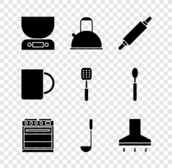 Set Electronic scales, Kettle with handle, Rolling pin, Oven, Kitchen ladle, extractor fan, Coffee cup and Spatula icon. Vector
