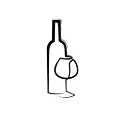 Wineglass vector icon paint brush effect. Continuous one line drawn a bottle of wine and a glass. Linear style sign for mobile concept and web design.
