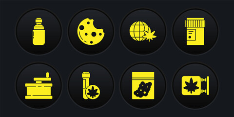 Set Manual grinder, Medical bottle with cannabis, Chemical test tube marijuana, Plastic bag of, Legalize globe, Cookies, Marijuana and store and olive oil icon. Vector