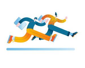 A girl and a young man with laptops are running a race. Vector illustration on the topic of rivalry between a man and a woman in a career.