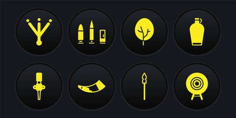 Set Torch flame, Canteen water bottle, Hunting horn, Medieval spear, Tree, Bullet and cartridge, Target sport and Bird footprint icon. Vector