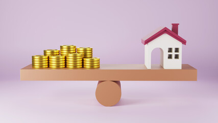 Model house and money coins balancing on a seesaw with stacking coins money. Property investment and home mortgage financial real estate advertising concept. 3d rendering. Home purchase concept.