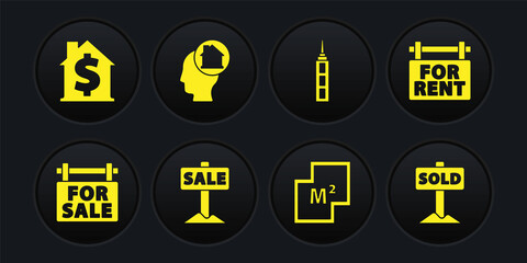 Set Hanging sign with For Sale, Rent, House plan, Skyscraper, Man dreaming about buying house, text Sold and dollar symbol icon. Vector