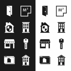 Set House, under protection, Closed door, plan, Market store, key, and Online real estate house icon. Vector
