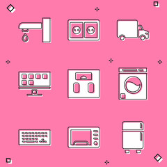 Set Water tap, Electrical outlet, Delivery cargo truck, Smart Tv, Bathroom scales, Washer, Keyboard and Microwave oven icon. Vector