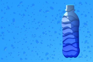 Drinking water bottle on a blue background with water drops. Pure water. Concept. 3d illustration