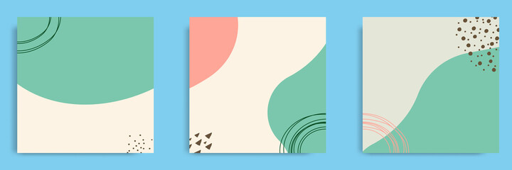 Set of abstract organic fluid background template and layout in square shape for multipurpose usage web and print, banner, cover in white peach green color.