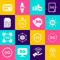 Set Antenna, 5G network, Digital speed meter, Sim card, Nano Card and Phone with icon. Vector
