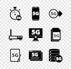 Set Digital speed meter 5G, Mobile with network, Graphic tablet, Server, Router and wi-fi signal and Monitor icon. Vector